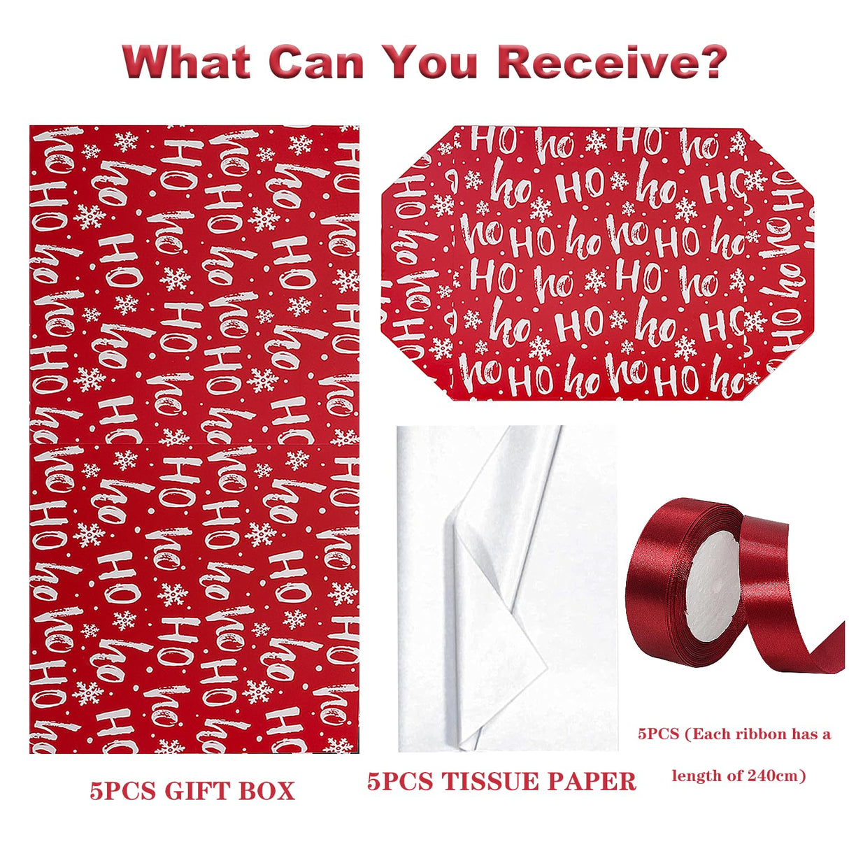 Jaywayang 5 Pack Red Christmas Gift Boxes with Lids, Ribbons and Tissue Papers Square Gift Boxes - 7.1 Inch - Presents Wrapping Christmas Gift Holiday New Year Party Favor Boxes. Jaywayang