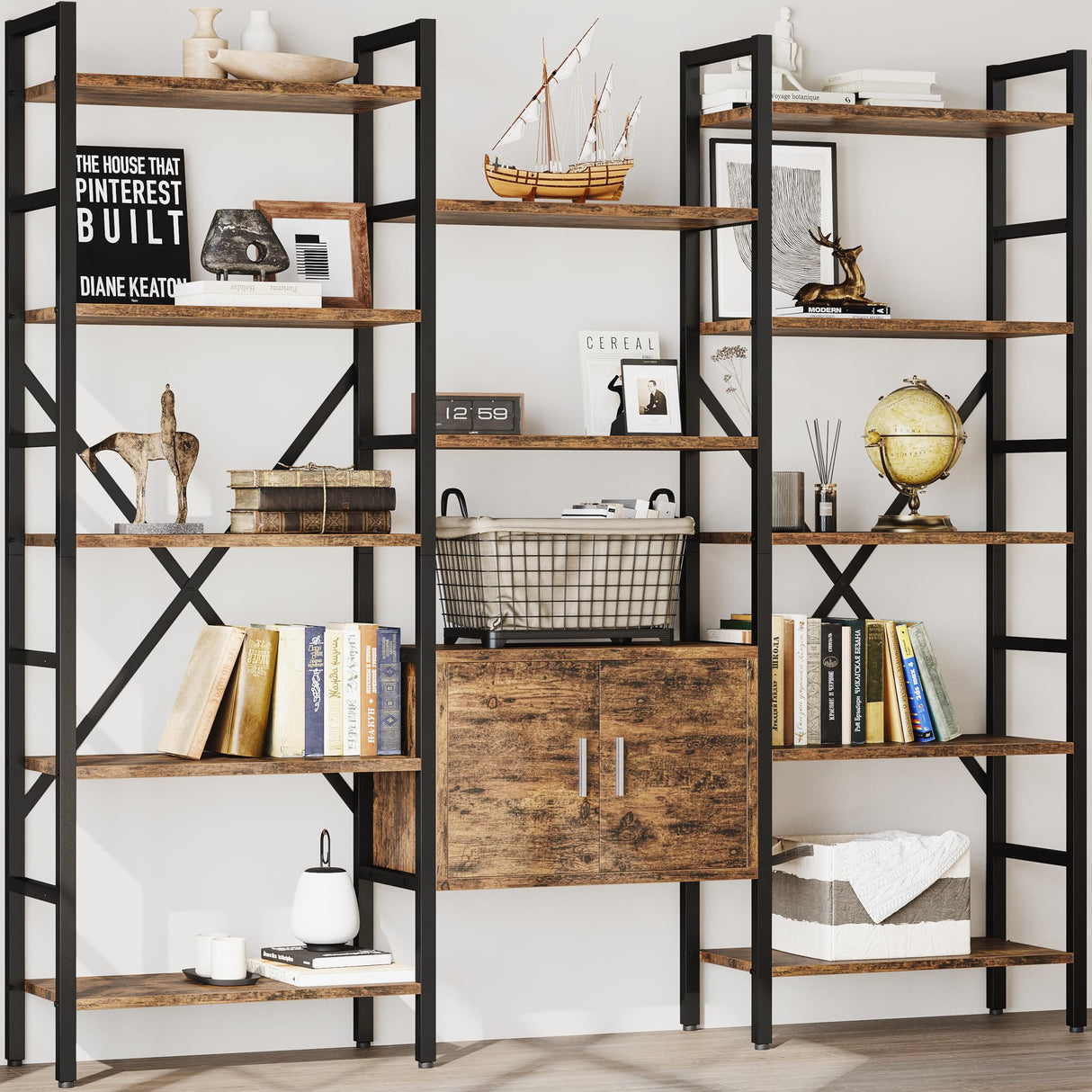 70 x70" Triple 5 Tier Book Shelf, Industrial Large Bookcase with Storage Cabinet, Tall Bookshelf with 14 Open Display Shelves Metal Frame Furniture for Living Room Bedroom Home Office Rustic Brown astimey