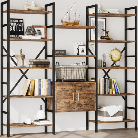 70 x70" Triple 5 Tier Book Shelf, Industrial Large Bookcase with Storage Cabinet, Tall Bookshelf with 14 Open Display Shelves Metal Frame Furniture for Living Room Bedroom Home Office Rustic Brown astimey