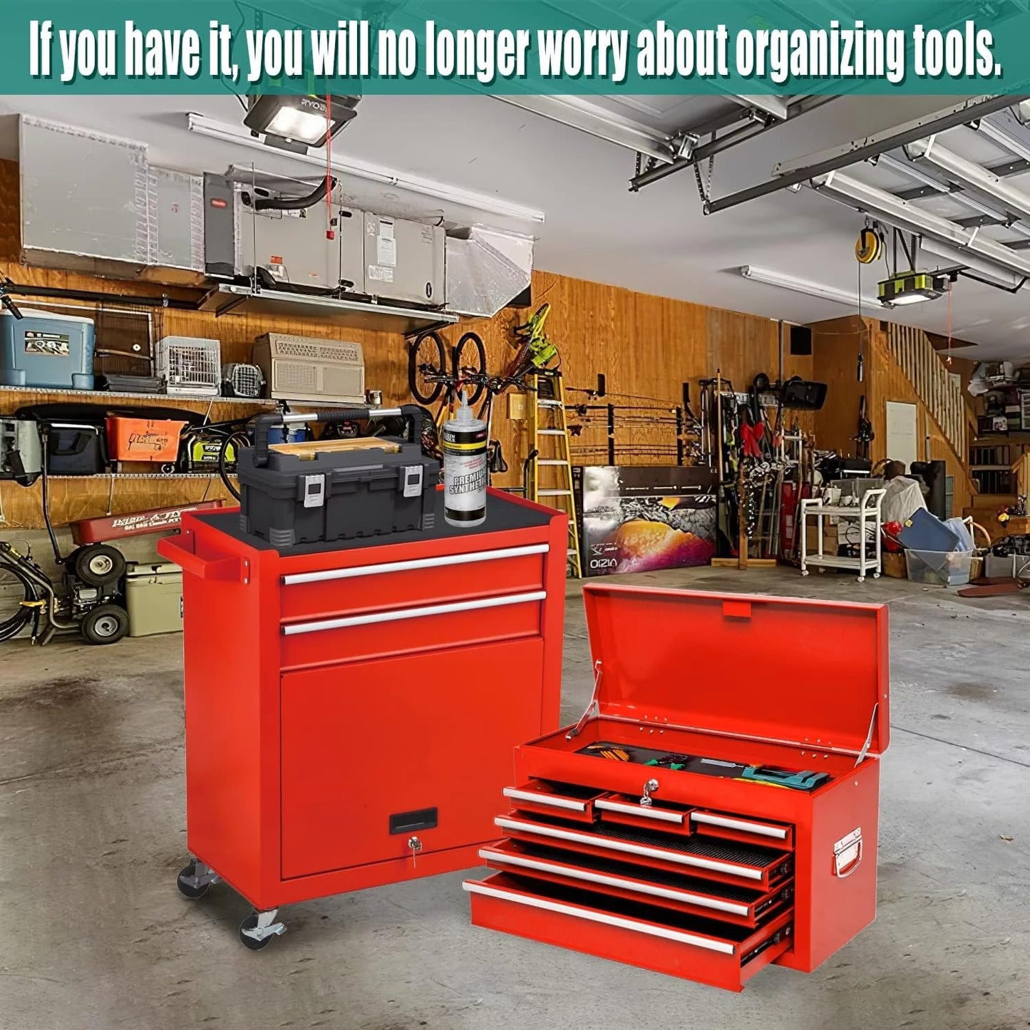 Clickoods Tool Chest Heavy Duty Rolling Tool Box with Cabinet 8-Drawer for Lockable & Removable Cabinet for Garage and Workshop - Red - WoodArtSupply