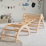 Cozy Castle 5 in 1 Pikler Triangle Set, Foldable Climbing Toys Indoor Playground, with Arch Climber, Rocker, Jungle Gym, Oak Cozy Castle