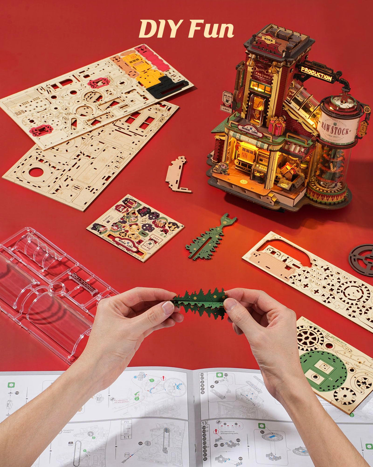 ROKR 3D Wooden Puzzle for Adult - Gift Factory Mechanical Model Kit with Music & Lights, 449pcs Adult Wooden Puzzles, DIY Building Toy for Teens & Adults ROKR