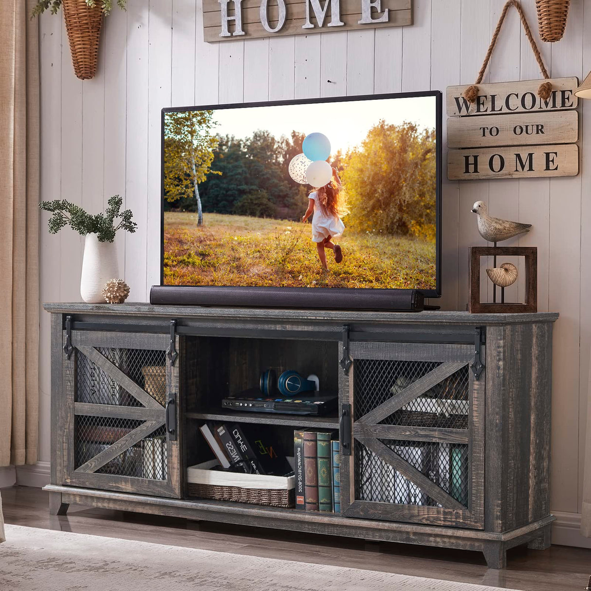 OKD Farmhouse TV Stand for 75 Inch TV, Industrial & Farmhouse Media Entertainment Center w/Sliding Barn Door, Rustic TV Console Cabinet w/Adjustable Shelves for Living Room, Dark Rustic Oak OKD