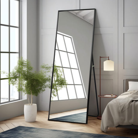 NeuType Full Length Mirror Dressing Mirror 64"x21" Large Rectangle Bedroom Floor Standing Mirror Wall-Mounted Mirror Standing Hanging or Leaning Against Wall Aluminum Alloy Thin Frame (Black) NeuType