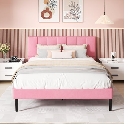 UNIZONE Queen Bed Frame with Button Tufted Headboard, Velvet Upholstered Platform Bed Frame, Mattress Foundation with Wooden Slat Support, Noise Free, No Box Spring Needed, Easy Assembly, Pink