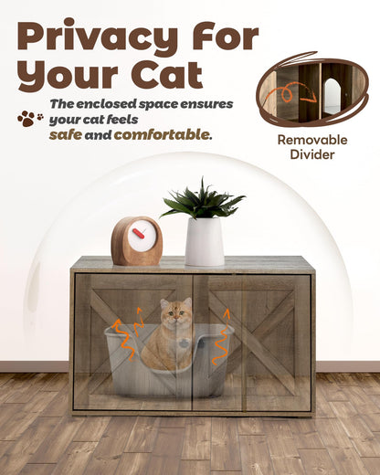 Upolana Cat Litter Box Enclosure, 32 inch Hidden Litter Box Furniture with Divider, Wooden Kitty Litter Box Cabinet End Side Table, Greige - WoodArtSupply