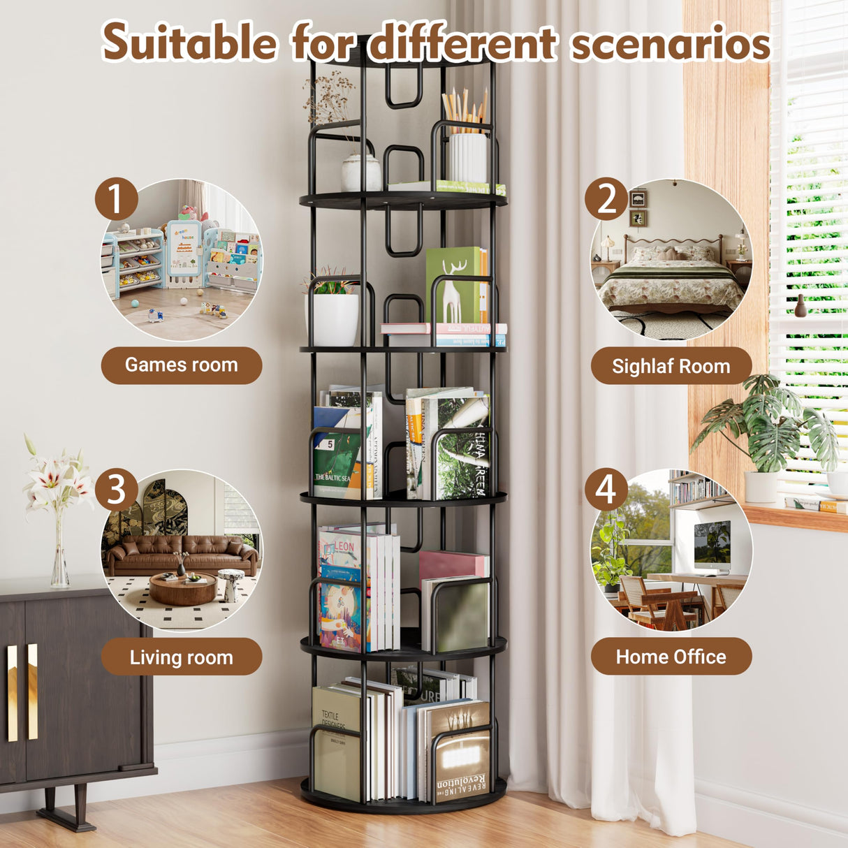 YZU Rotating Bookshelf Tower 5 Tier,Spinning Bookcase, Revolving 360 Book Shelf Narrow Tall Bookcase, Vertical Turning Round Storage Bookshelf,Book Shelf Organizer for Bedroom, Living Room (Black) YZU