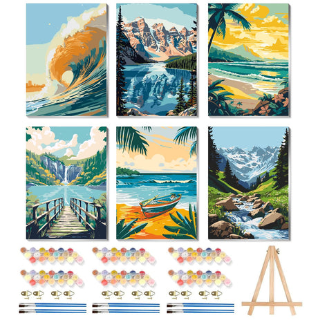 6 Pack Beach Paint by Numbers Kit for Adults, Adult Paint by Number Kits with Easel, Paint by Numbers for Adults Beginners, Riverside Acrylic Painting on Canvas Framed for Gift Decor 8x12 Inch CraftCraze