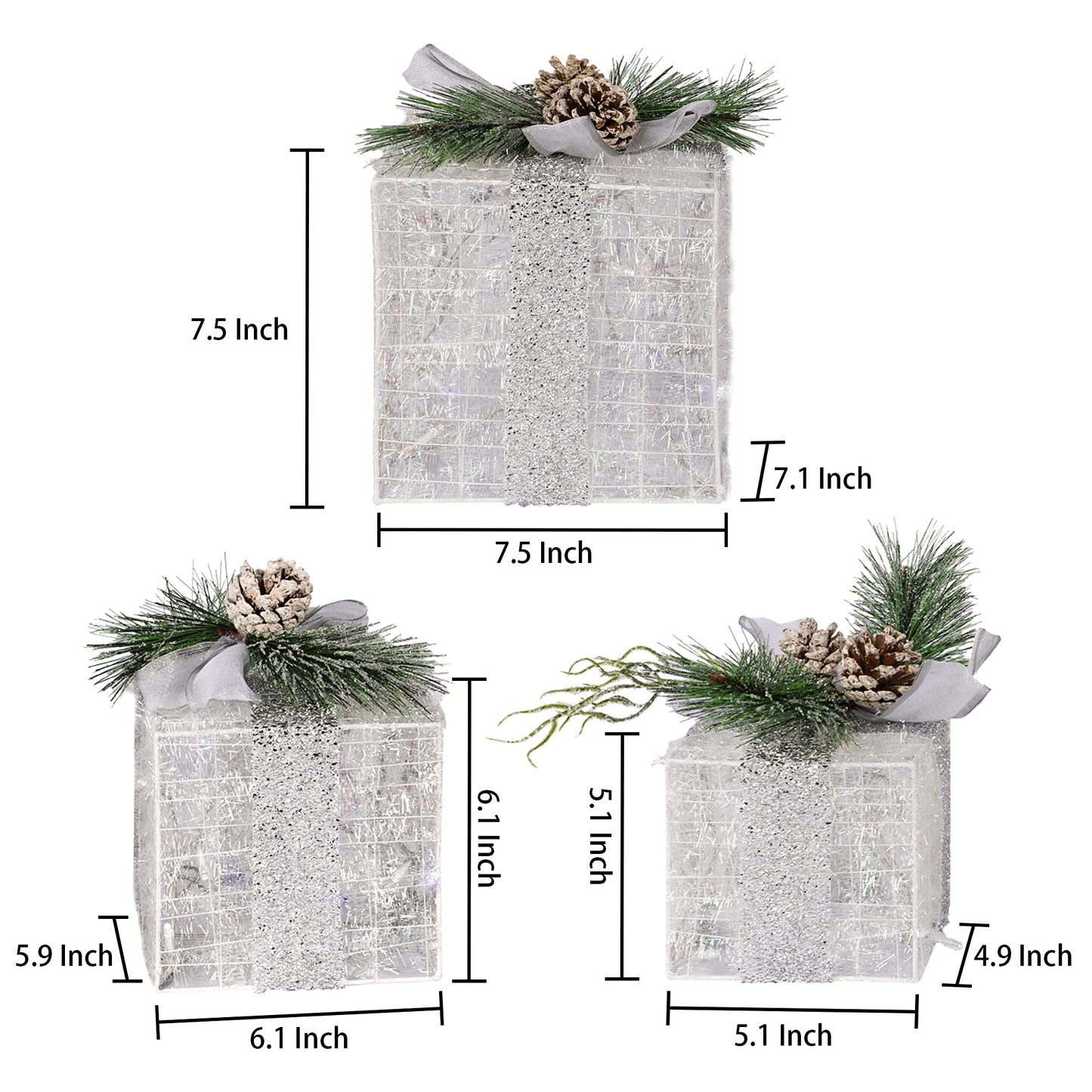 Hourleey Set of 3 Christmas Lighted Gift Boxes, Pre-lit 60 LED Light Up Present Boxes Ornament Outdoor Warm White Tinsel Boxes Decoration for Indoor Christmas Home Yard Lawn Decor