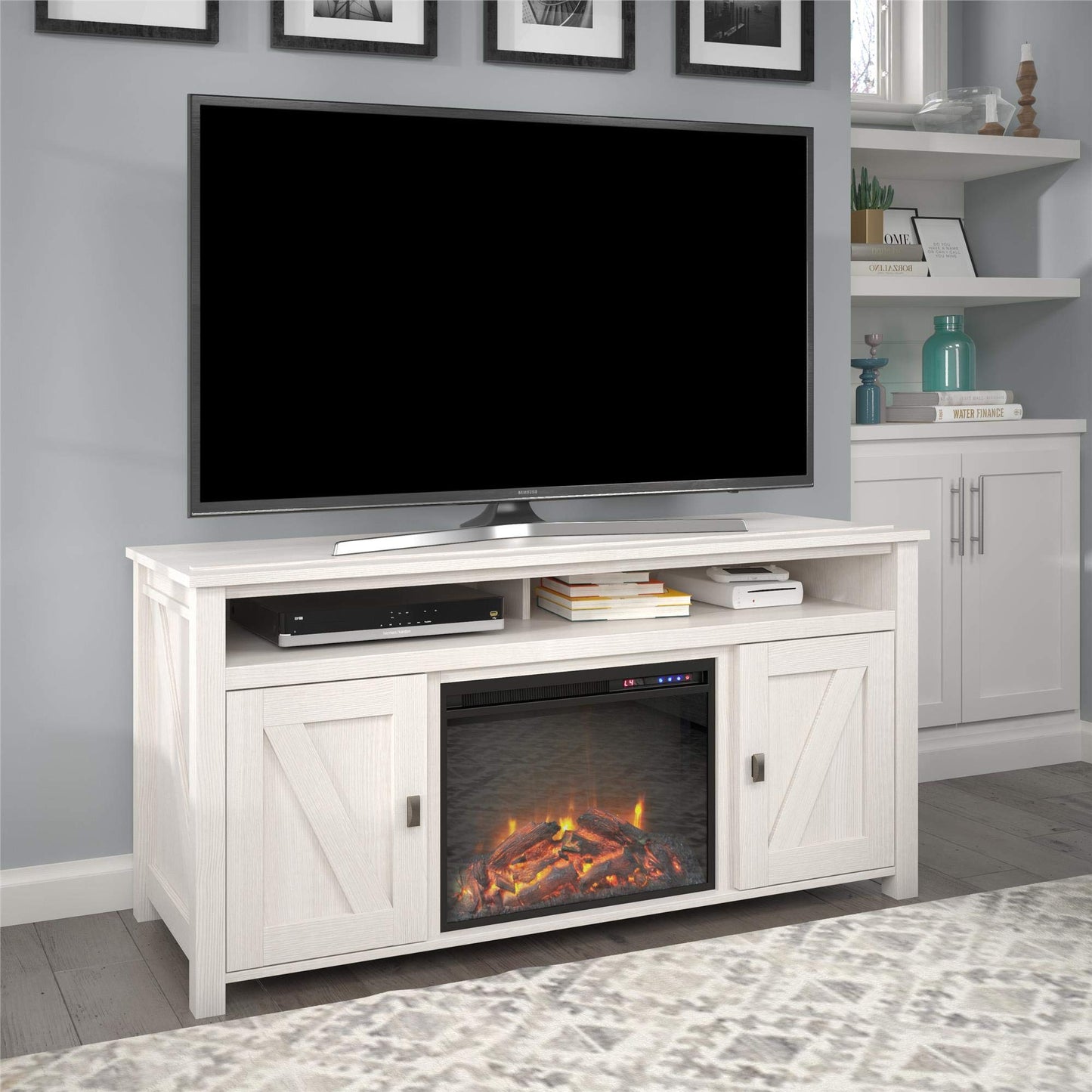 Ameriwood Home Farmington Electric Fireplace Console 60", Pine TV Stand, Ivory Oak