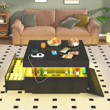 31.5" Square Coffee Table with Sliding Top and Charging Station, Black Coffee Tables with LED Lights and Storage Drawer for Living Room, Modern Center Table with Hidden Compartment, Cabinet Gacfiew