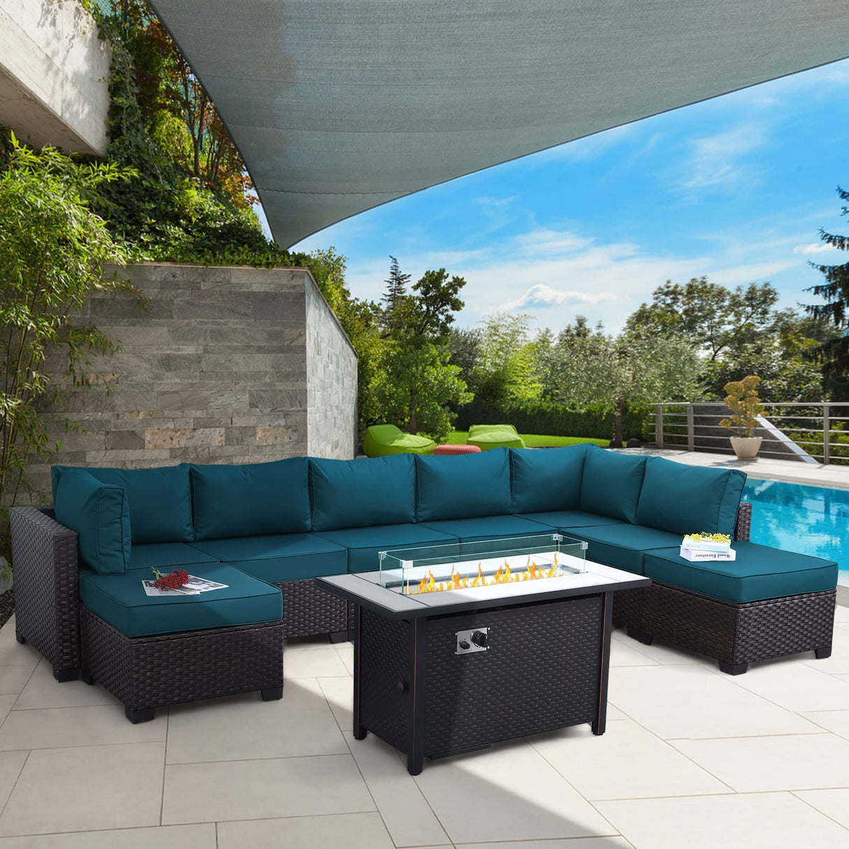 Lviden 9 Pieces Wicker Patio Furniture Set Outdoor PE Rattan Sectional Conversation Sofa Set with Peacock Blue Cushions and 45” gas fire pit table Lviden