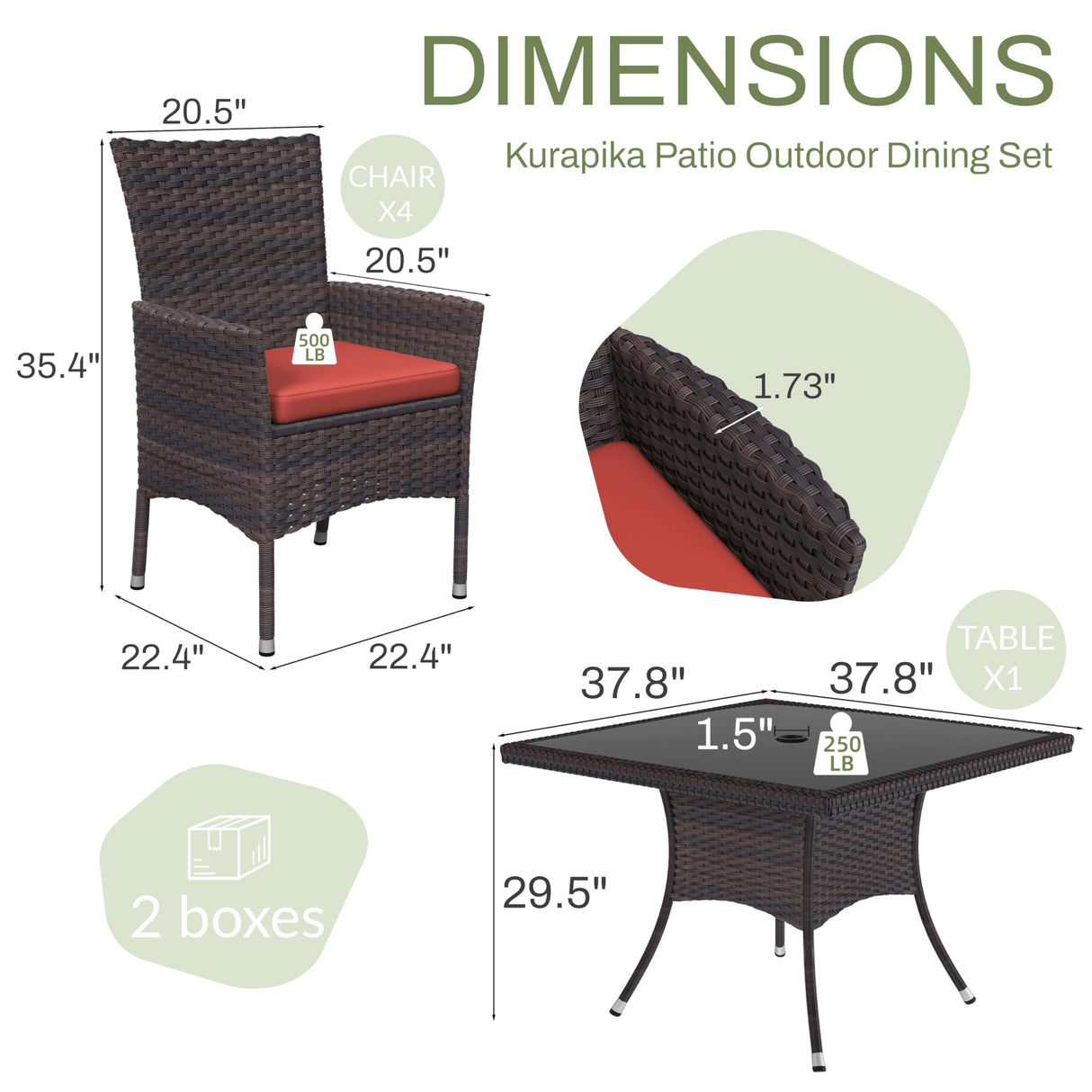 Kurapika 5-Piece Patio Furniture Outdoor Dining Set, Wicker Rattan Patio Dining Table and Chairs Set, Square Tempered Glass Tabletop with Umbrella Hole and 4 Chair Set, Red Kurapika