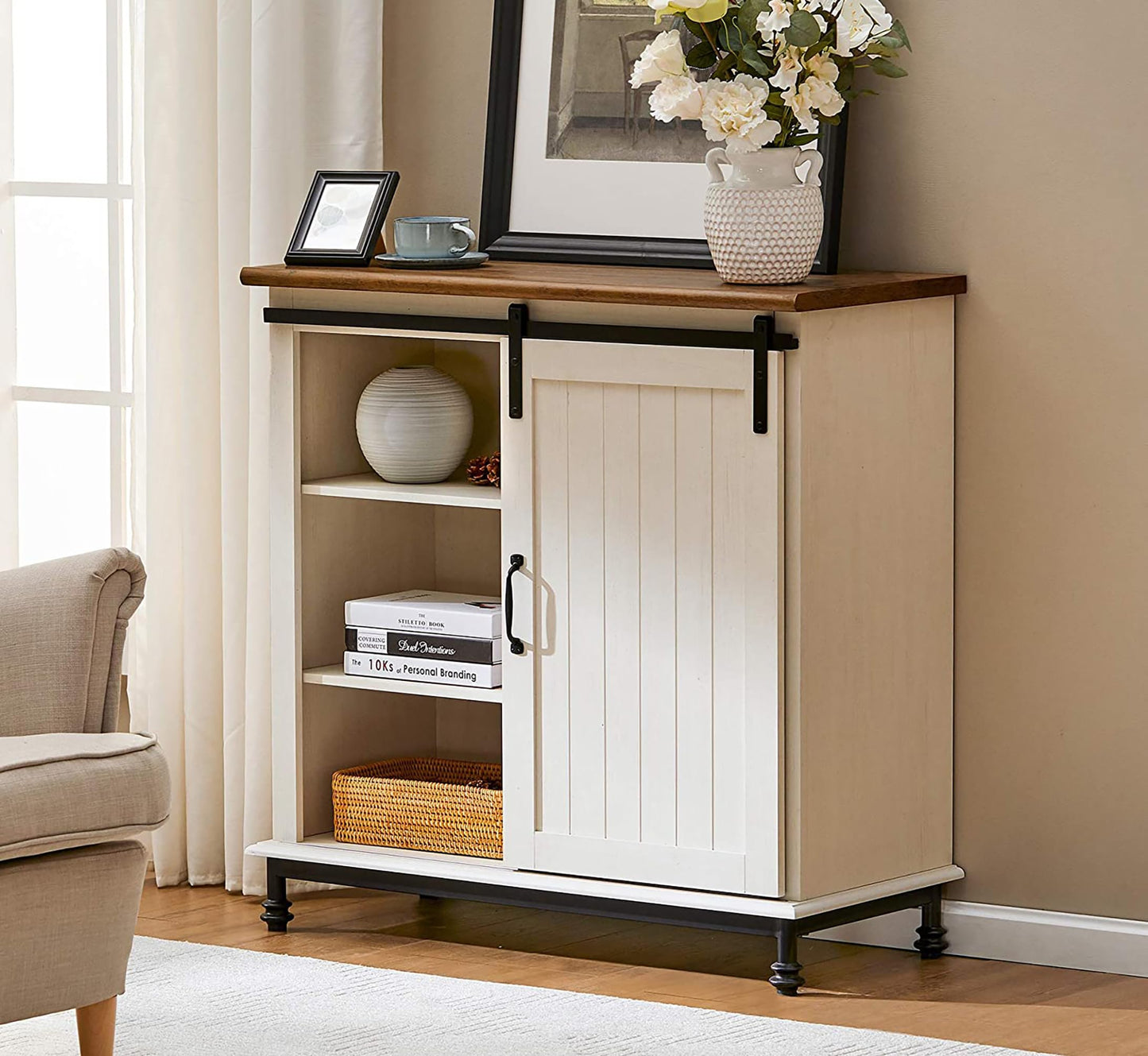 WAMPAT Farmhouse White Buffet Sideboard with Sliding Barn Door and Adjustable Shelf - WoodArtSupply