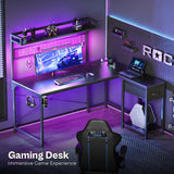 PRAISUN L Shaped Gaming Desk with Shelves, Corner Computer Table with LED Lights, Power Outlets and USB-C Ports, 50 Inch Reversible Home Office Desk with Storage Drawer, for Work and Study, Black PRAISUN