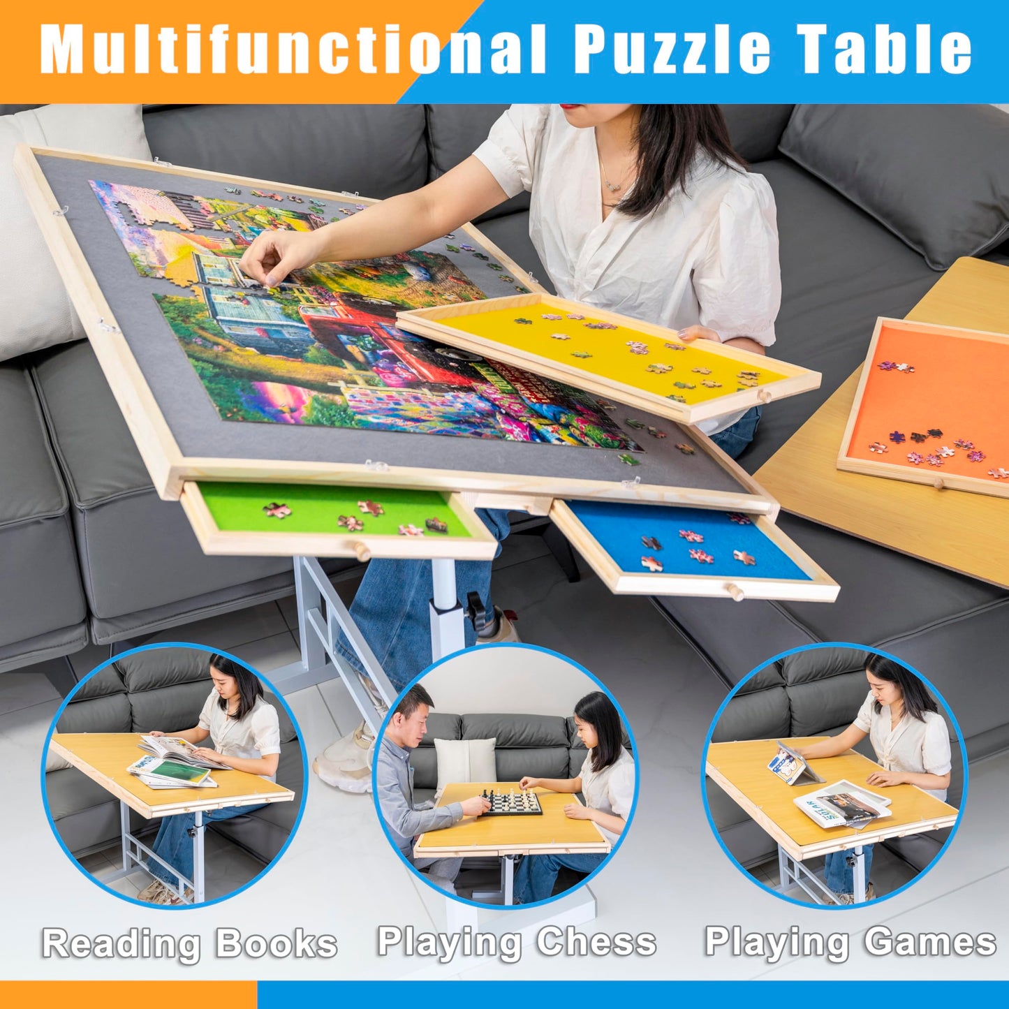 Fanwer Adjustable Puzzle Table with Drawers 1500 Piece, Angle & Height Adjustable Jigsaw Puzzle Table with Metal Legs | 35"x26" Tilting Puzzle Board for Adults and Children, Gift for Mom, Mot - WoodArtSupply