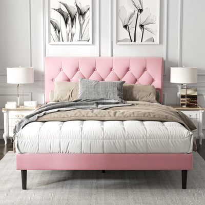 HAOARA Full Size Platform Bed Frame with Upholstered Button Tufted Headboard, Mattress Foundation with Wooden Slat Support, Noise Free, No Box Spring Needed, Easy Assembly, Pink Velvet