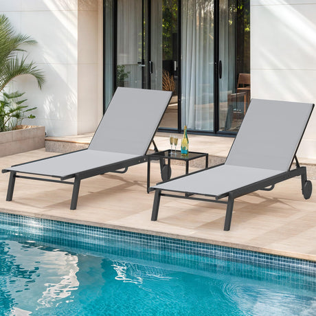 DWVO Outdoor Chaise Lounge Set, 2 Patio Chaise Lounge Chairs with Side Table, Textile Pool Loungers with 5-Level Backrest and Wheels for Beach, Lawn, Porch, Garden (Grey) DWVO