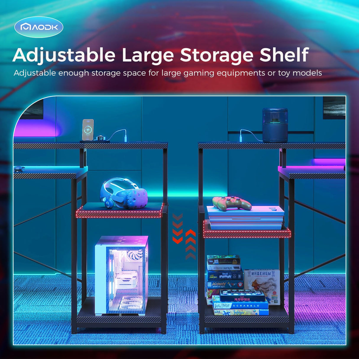 AODK Computer Desk, 56 Inch Gaming Desk with Led Lights & Power Outlet, Office Desk with Printer Storage Shelves, Reversible Desk with Monitor Shelf & Headphone Hook, Carbon Fiber Black AODK