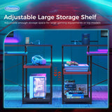 AODK Computer Desk, 56 Inch Gaming Desk with Led Lights & Power Outlet, Office Desk with Printer Storage Shelves, Reversible Desk with Monitor Shelf & Headphone Hook, Carbon Fiber Black AODK