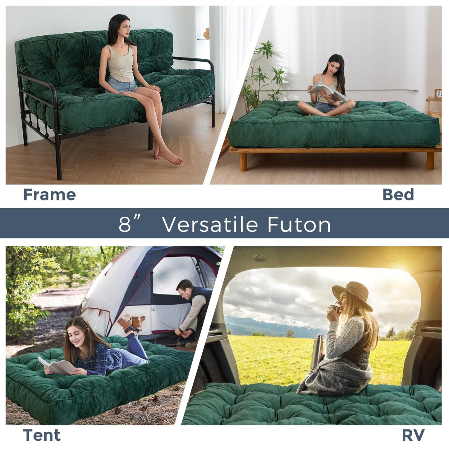 MAXYOYO 8" Futon Mattress Full Size, Extra Thick Futons Sofa Couch Bed, Velvet Floor Mattress for Adults, Shredded Foam Filling (Frame Not Included), Green