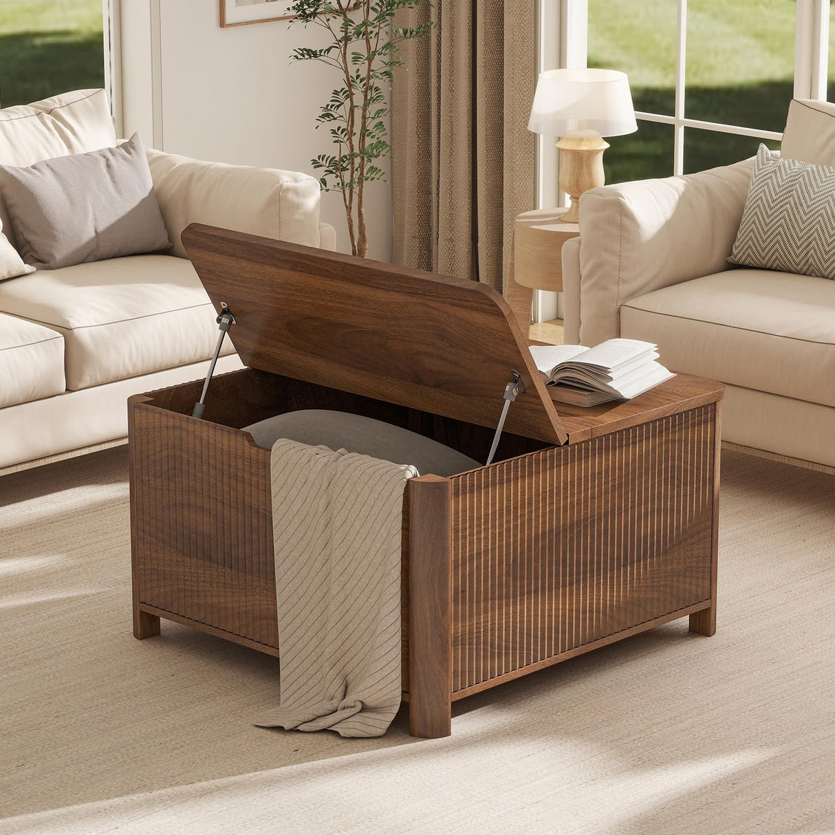 LYNCOHOME 31.5" Fluted Lift Top Coffee Table with Storage, Square Coffee Tables for Living Room, Coffee Table with Large Hidden Storage Compartment and Adjustable Shelves，Walnut LYNCOHOME
