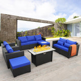 Patio Furniture Set 45-Inch Outdoor Fire Pits 7-Piece Outdoor Furniture Sets Patio Couch Outdoor Chairs 60000BTU Outdoor Propane Fire Pit Table Non-Slip Cushions and Waterproof Covers, Royal Blue Rattaner