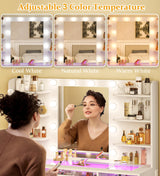 HUAHUUU Vanity Desk, Makeup Vanity Desk with Mirror and Lights 3 Colors, Transparent Top with 3 RGB Drawers, 6 Shelves, 2 Large Tempered Cabinets, Power Outlet, for Bedroom, White HUAHUU