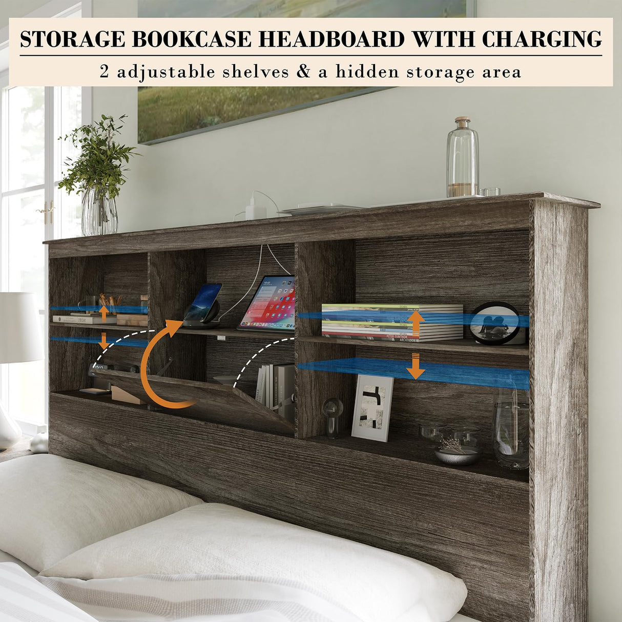 AMERLIFE King Size Wooden Platform Bed with Storage LED Bookcase Headboard and Charging Station, Rustic Grey AMERLIFE