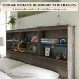 AMERLIFE King Size Wooden Platform Bed with Storage LED Bookcase Headboard and Charging Station, Rustic Grey AMERLIFE
