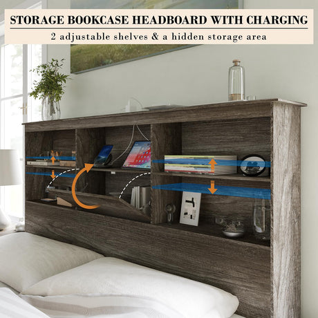 AMERLIFE King Size Wooden Platform Bed with Storage LED Bookcase Headboard and Charging Station, Rustic Grey AMERLIFE