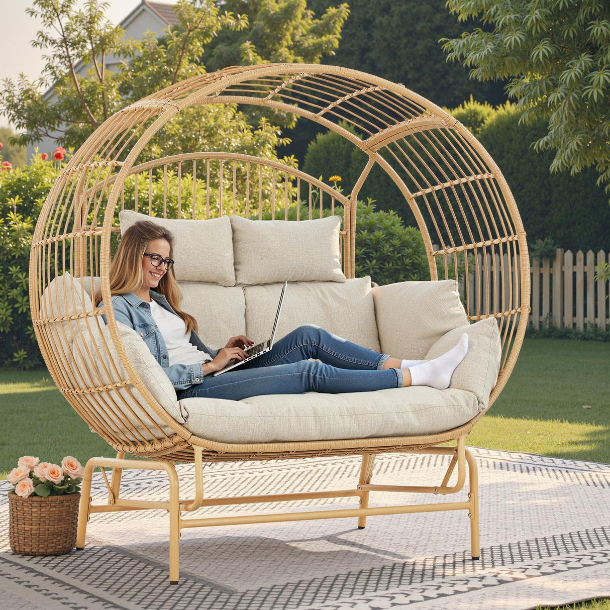 Buenhomino Oversized 2-Person Egg Chair Glider Rocking Chair, Heavy-Duty Wicker Rattan Outdoor Loveseat w/Thicken Padded Cushions, Extra Large Lounge Chair for Porch Backyard Patio Garden Yellow Buenhomino