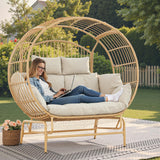 Buenhomino Oversized 2-Person Egg Chair Glider Rocking Chair, Heavy-Duty Wicker Rattan Outdoor Loveseat w/Thicken Padded Cushions, Extra Large Lounge Chair for Porch Backyard Patio Garden Yellow Buenhomino