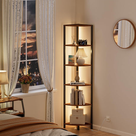 Furnulem 6-Tier LED Corner Shelf - 67.5” Tall Rustic Brown Storage & Display Unit Furnulem