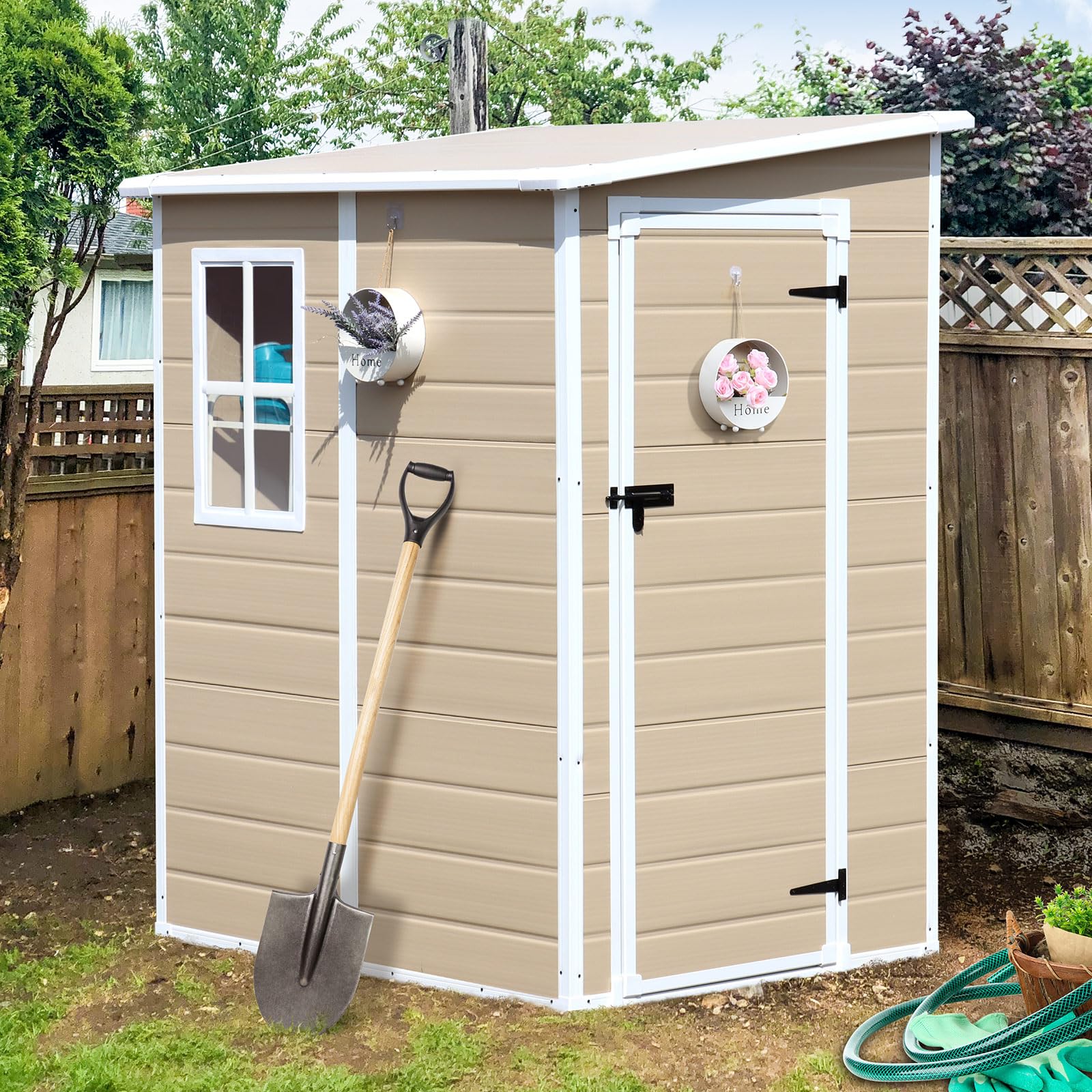 SELLERWE 5x4 FT Outdoor Storage Shed, Waterproof Resin Storage Shed with Floor & Window & Lockable Door, Tool Shed for Garden Patio, Backyard - WoodArtSupply