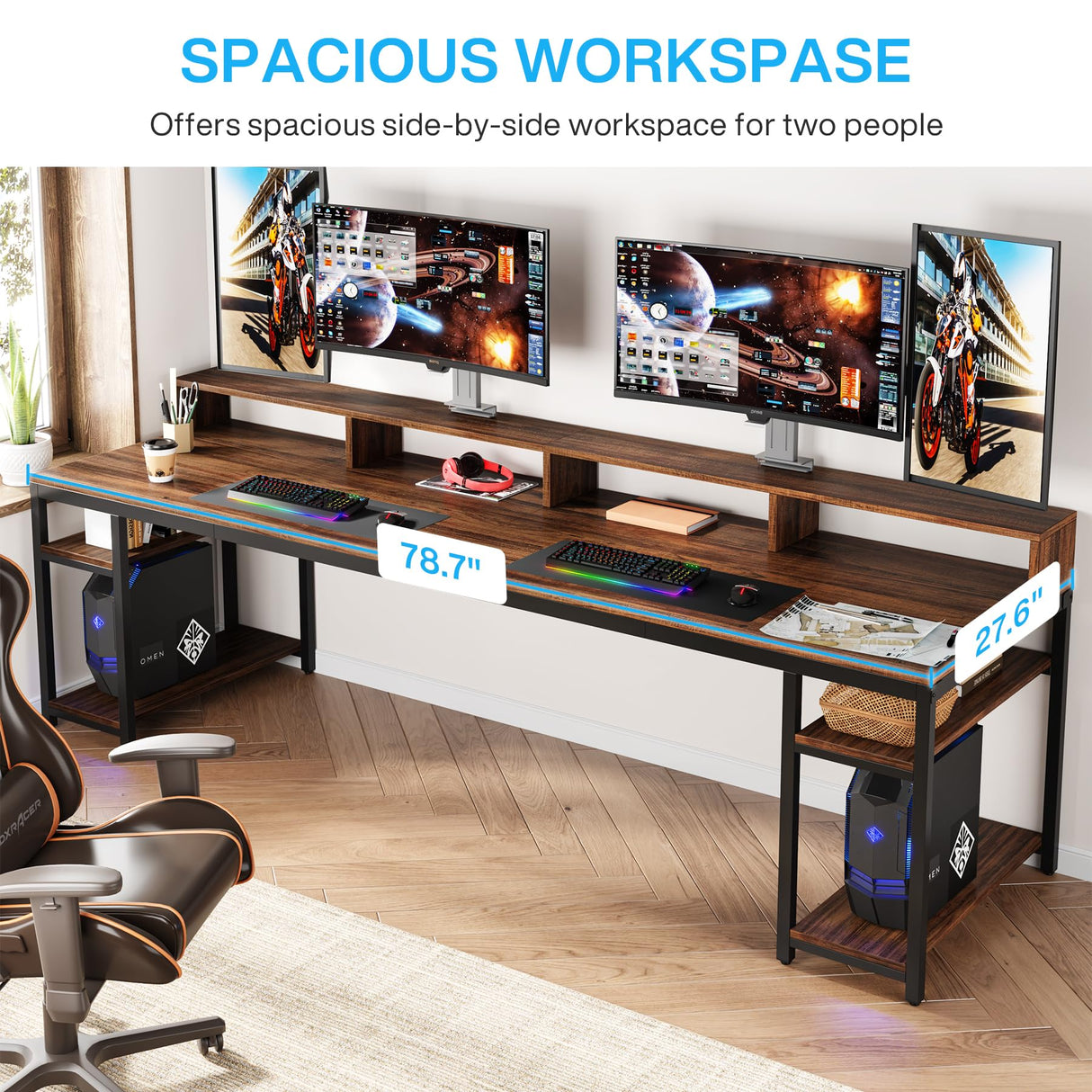 Tribesigns Two Person Desk with Monitor Stand, 78.74" Long Double Computer Office Desk with Storage Shelves, Large Gaming Desk Study Writing Table Workstation for Home Office, Rustic Brown Tribesigns