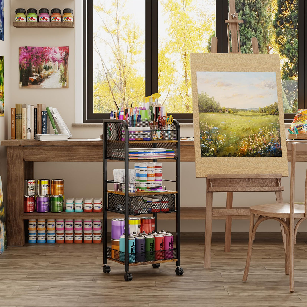 5-Tier Metal Rolling Utility Cart with Drawer, Craft Storage Cart with DIY Divider and Lockable Wheel, Versatile Paint Brush Holder & Paint Organizer & Craft Organizers and Storage for Drawing Room Simple Serenity