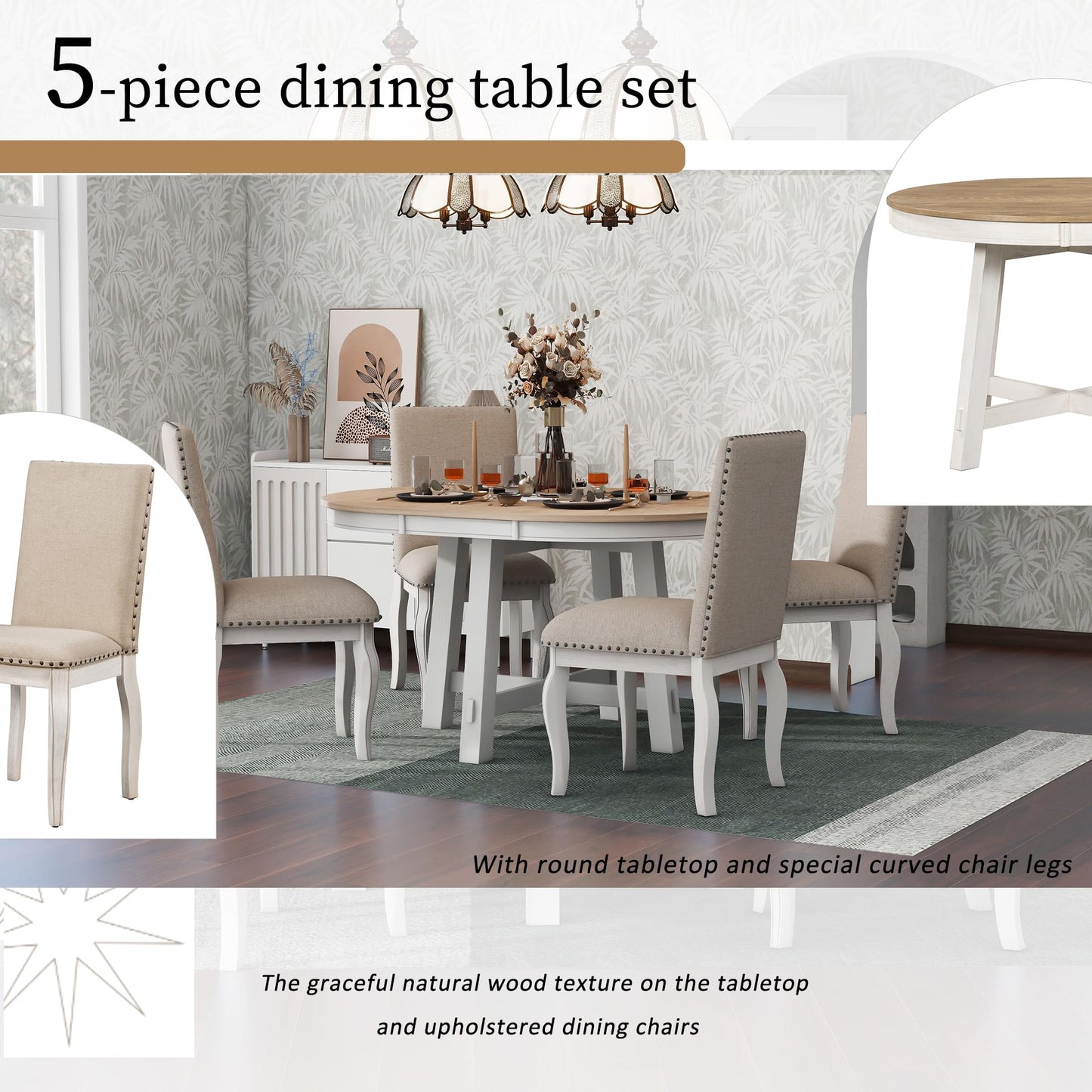 DESIGNER97 5-Piece Farmhouse Dining Table Set, Wood Round Extendable Oval Dining Table and 4 Upholstered Dining Chairs for Dining Room Kitchen Oak+Antique White