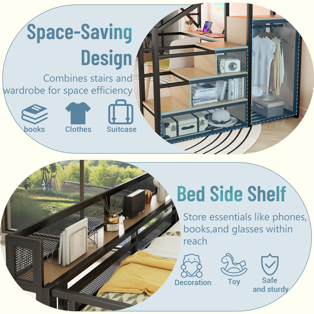 Queen Loft Bed with Desk and RGB Light, Metal Loft Bed Frame with Stairs and Bedside Shelf, Heavy-Duty Lofts Beds with Storage Shelves and Wardrobe for Kids Teens, Black Mirightone