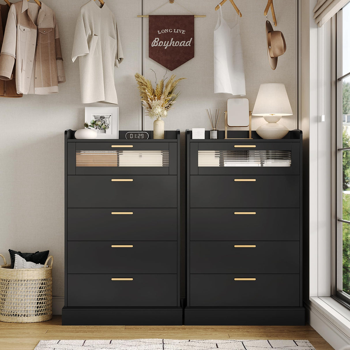 HOSTACK Modern 5 Drawer Dresser, Tall White Dresser Chest of Drawers with Gold Handles, Wood Dresser Storage Cabinet with Anti-Drop Fence & Fluted Glass for Living Room, Hallway, Entryway, Black HOSTACK