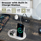 JanflyHome Wood Rustic Chest of Drawers, 63" Wide Vintage 7 Dresser with Outlet and Lights, Farmhouse Drawers Dresser with 4 Drawers & 3 Cabinets for Living Room, Dark Rustic Oak JanflyHome