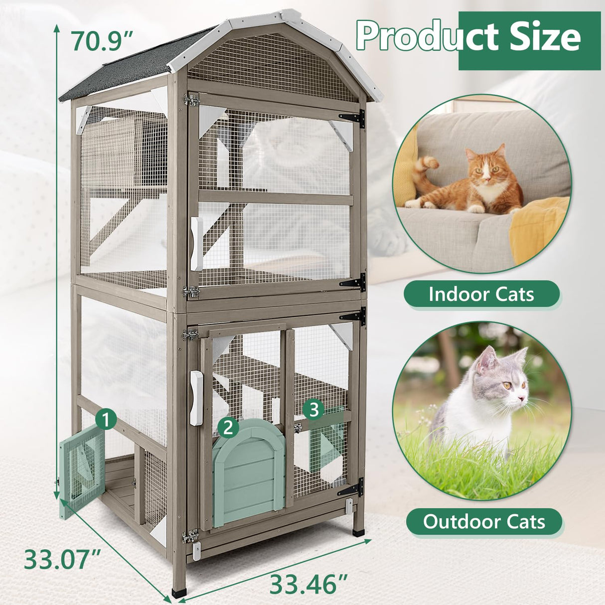 PetsCosset 71" Cat House Outdoor Catio Cat Enclosures, Indoor Kitty Cage Condo Attachable Window with 3 Platforms Waterproof Roof and Resting Box for Patio PetsCosset