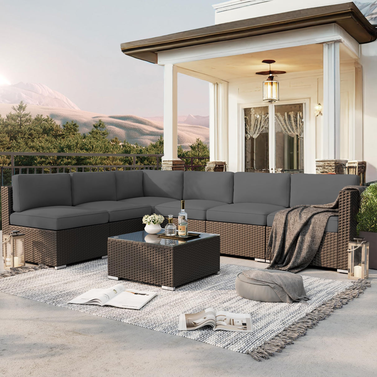 SUNCROWN 7-Piece Outdoor Patio Furniture Sofa Set All-Weather Black Wicker Sectional Conversation Set with Modern Glass Coffee Table and Cushions, Backyard, Garden, Poolside, Grey SUNCROWN