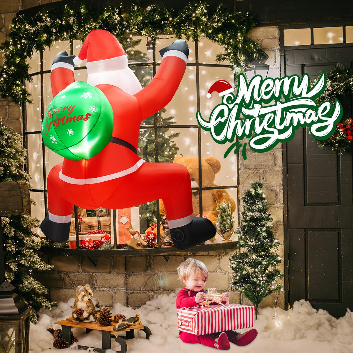 6FT Christmas Inflatable Decorations Hanging Santa Built-in Bright LEDs, Climbing Santa Claus with Gift Bag Christmas Roof Blow Up Yard Inflatables Decoration for Window Wall Outdoor Xmas New Year zukakii