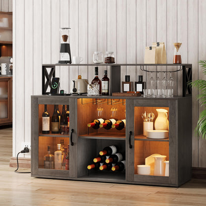 GarveeHome Bar Cabinet for Home, Liquor Cabinet with Power Outlets, Led Lights and and Glass Holder, Wine Cabinet with Storage, Wine Cabinet with Racks for Home, Kitchen Retro Gray - WoodArtSupply