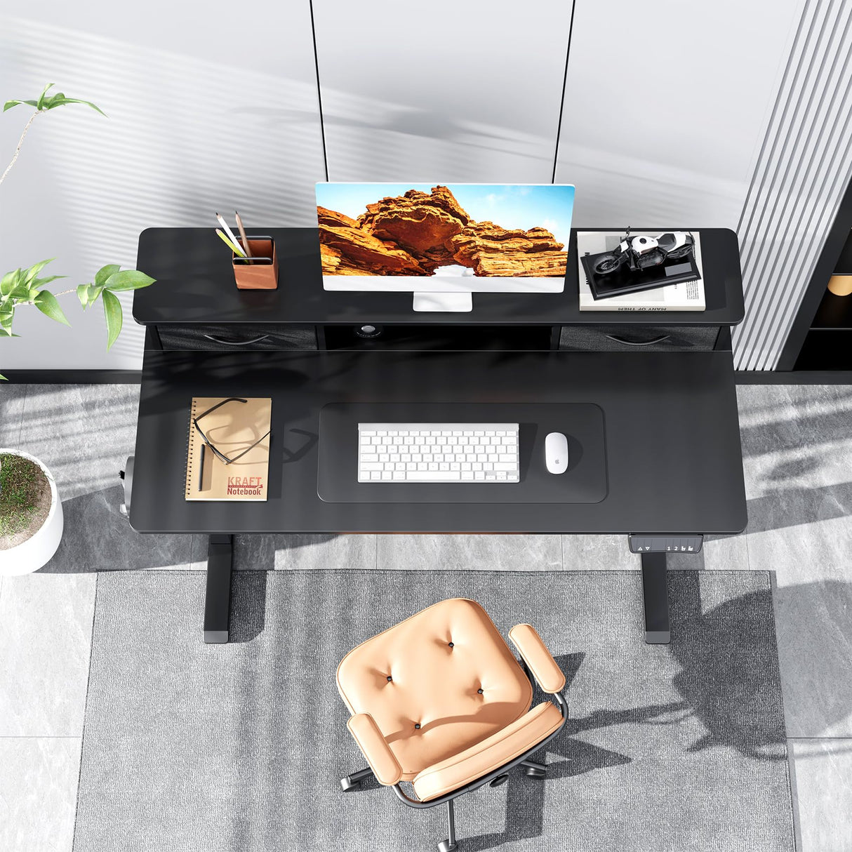 Mr IRONSTONE Standing Desk, 47 x 24 Inches Electric Height Adjustable Desk with 3 AC Outlets & 2 USB Ports, Stand Up Desk with 2 Drawers and Large Monitor Stand, Black Mr IRONSTONE