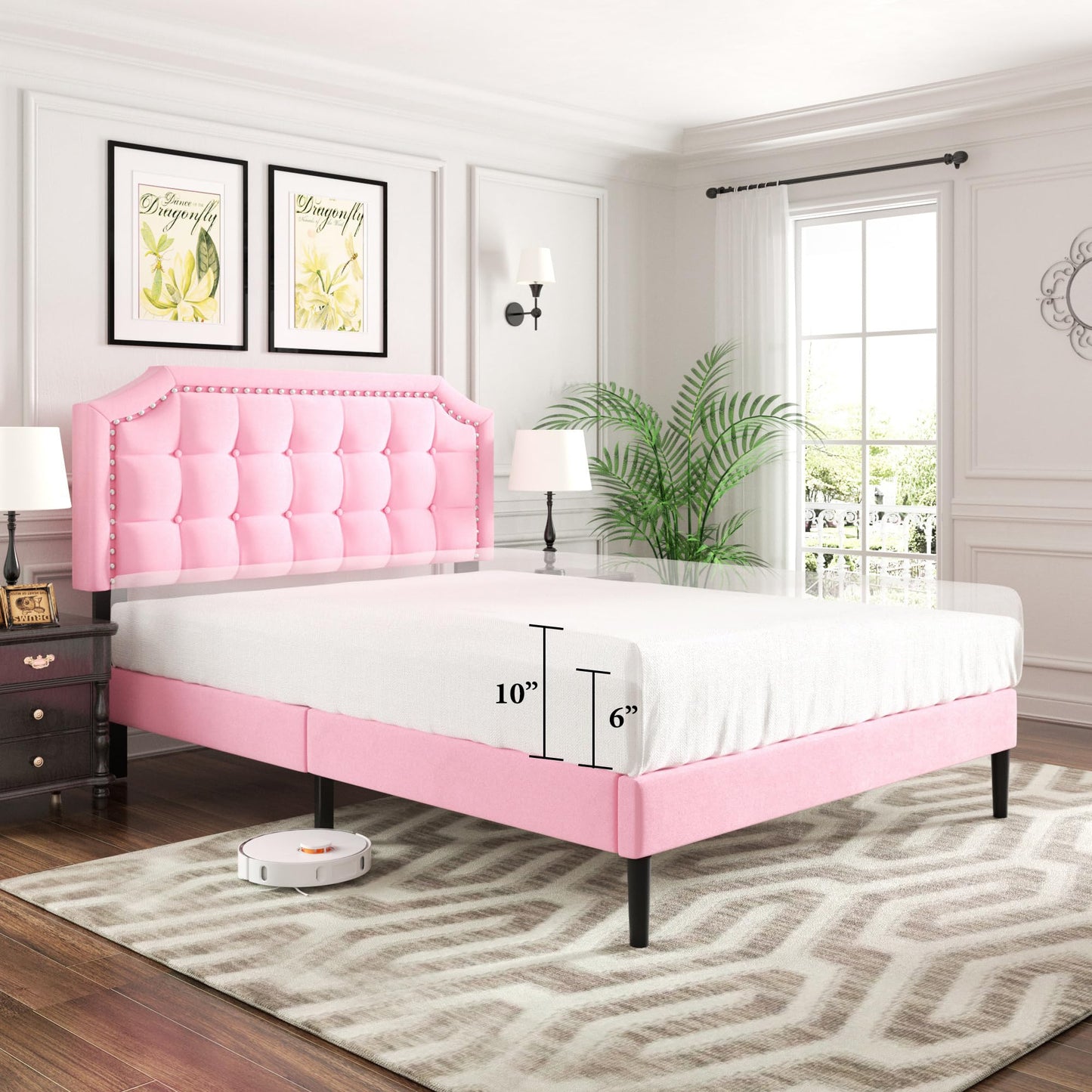 CXVX Queen Size Platform Bed Frame with Headboard, Button Tufted & Rivet Design, No Box Spring Needed, Easy Assembly, No Noise, Pink Velvet