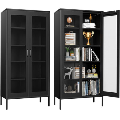 YAUWOH Metal Display Cabinet with Mesh Door,Metal Storage Cabinet with 4 Adjustable Shelves,73" H Kitchen Pantry Storage Cabinet for Collectibles,Home Office,Living Room,Gaming Room(Black)