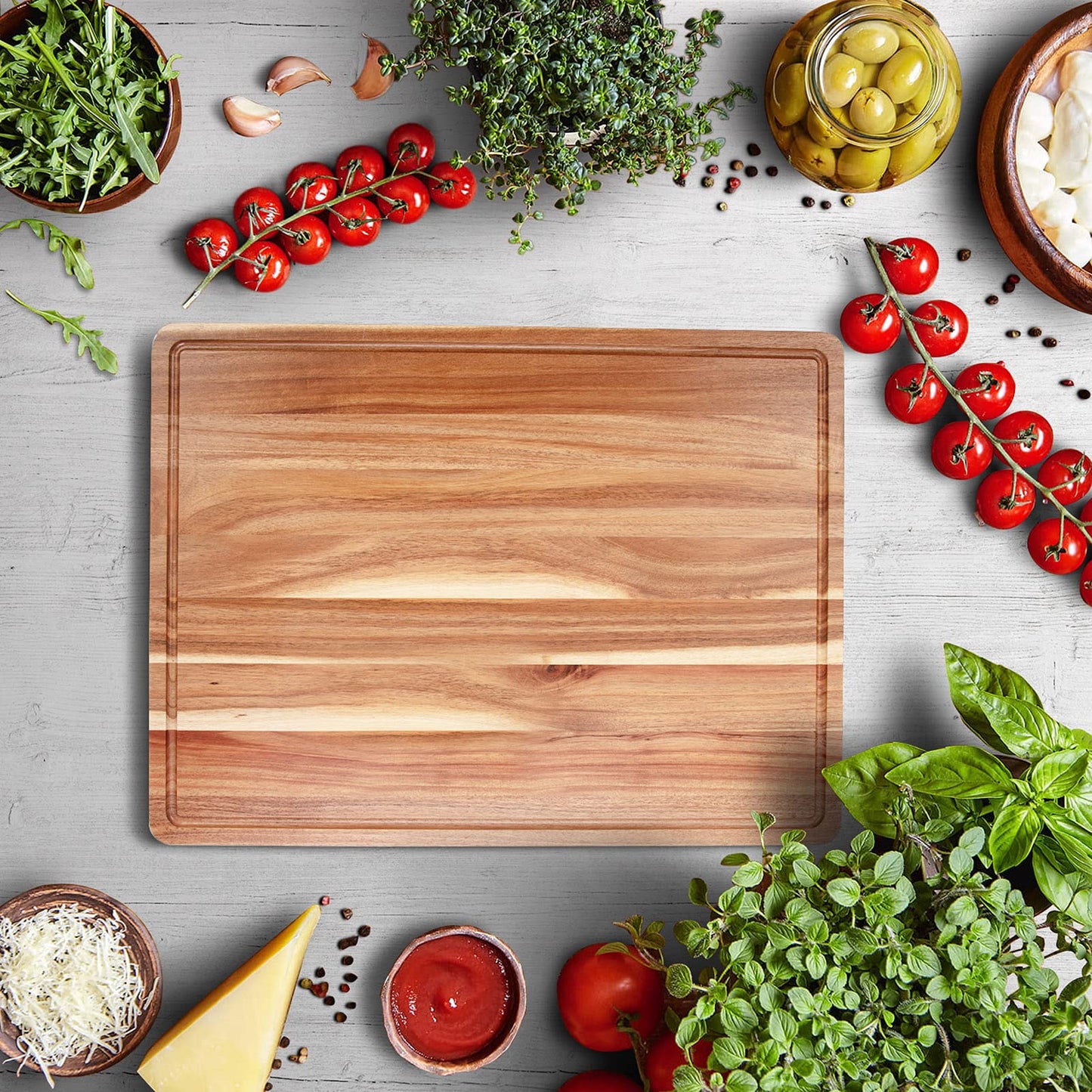 Large Acacia Wood Cutting Boards for Kitchen, 24 x 18 Inch Extra Large Wooden Cutting Board with Juice Groove, Reversible Butcher Block Cutting Board