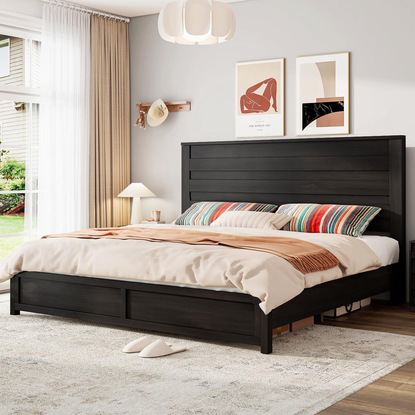 LUXOAK Farmhouse King Bed Frame with 49" Headboard - Stylish Black Wooden Platform Bed, No Box Spring Needed - WoodArtSupply